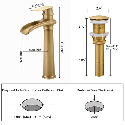 Waterfall Tall Spout Vessel Sink Bathroom Faucet Antique Brass - buyfaucet.com