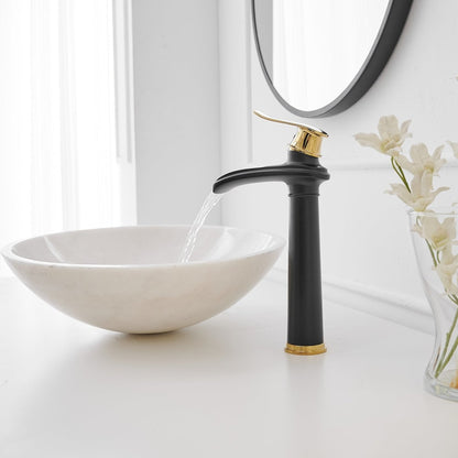 Waterfall Tall Spout Vessel Sink Bathroom Faucet Black & Gold - buyfaucet.com