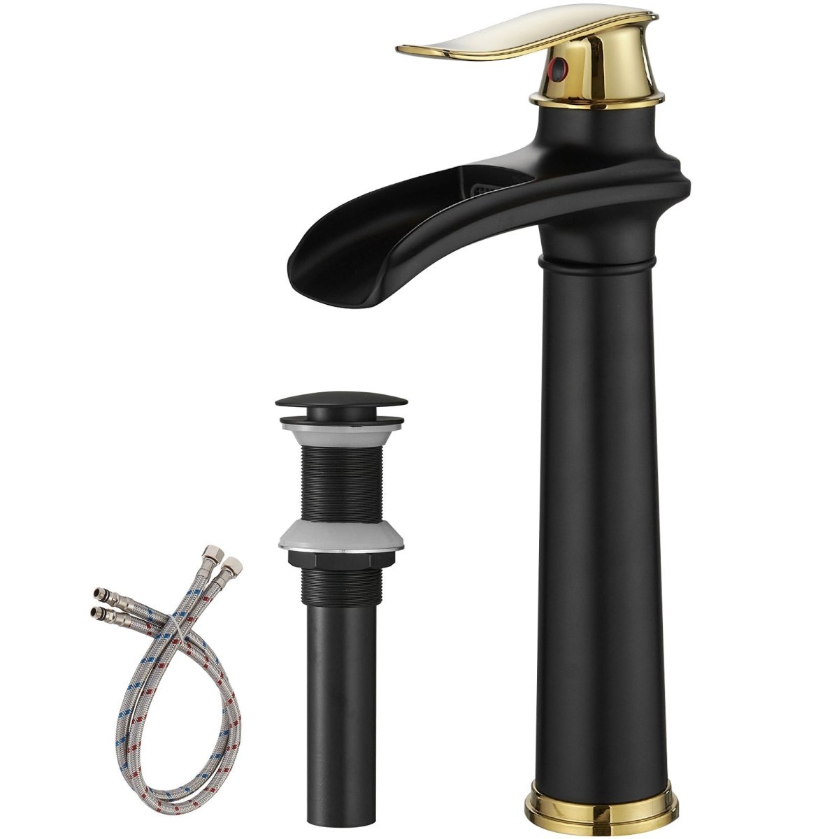 Waterfall Tall Spout Vessel Sink Bathroom Faucet Black & Gold - buyfaucet.com