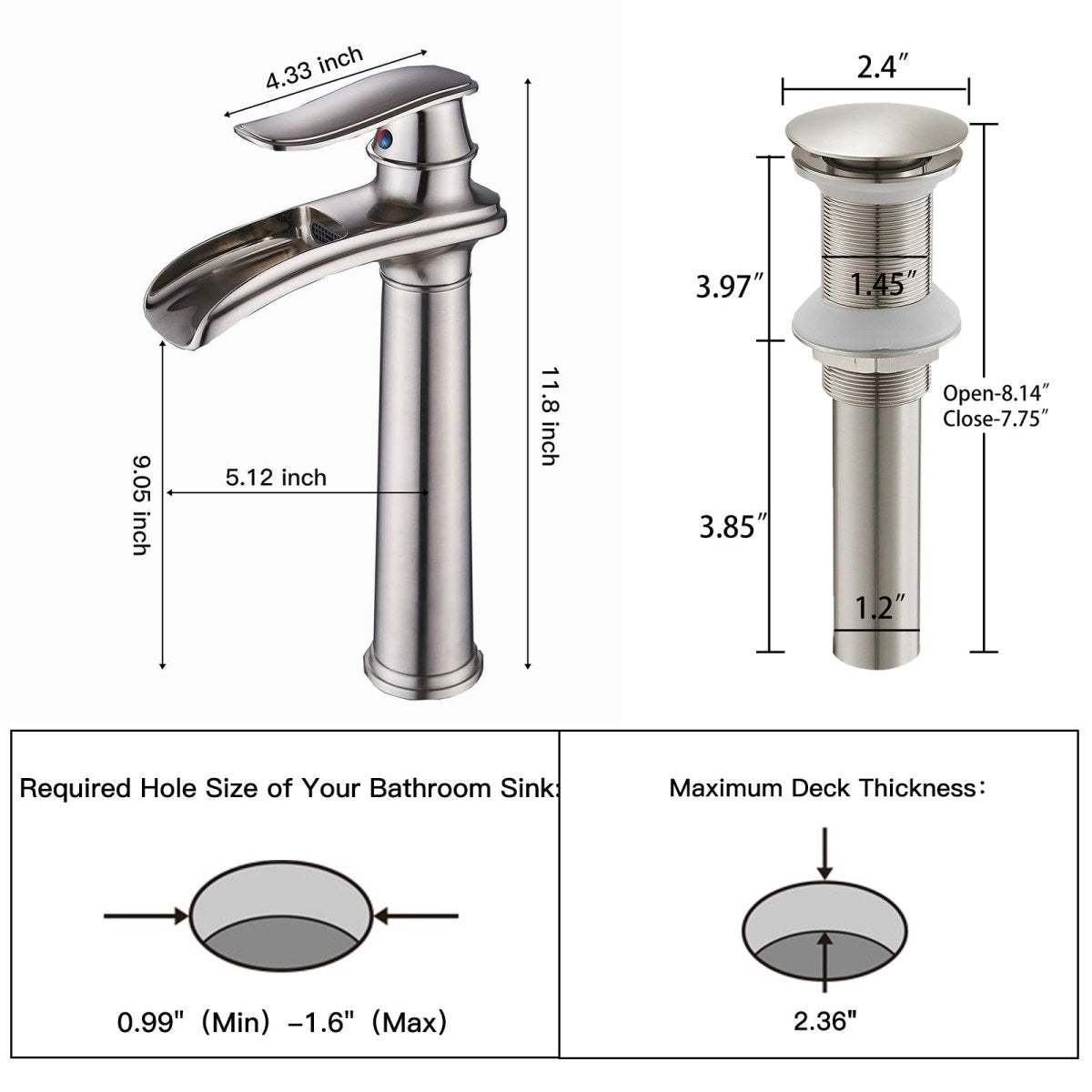 Waterfall Tall Spout Vessel Sink Bathroom Faucet Brushed Nickel - buyfaucet.com